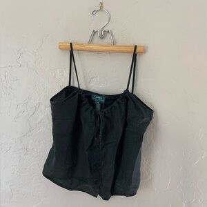 Ralph Lauren Black Linen Button Tank with Tie Neck